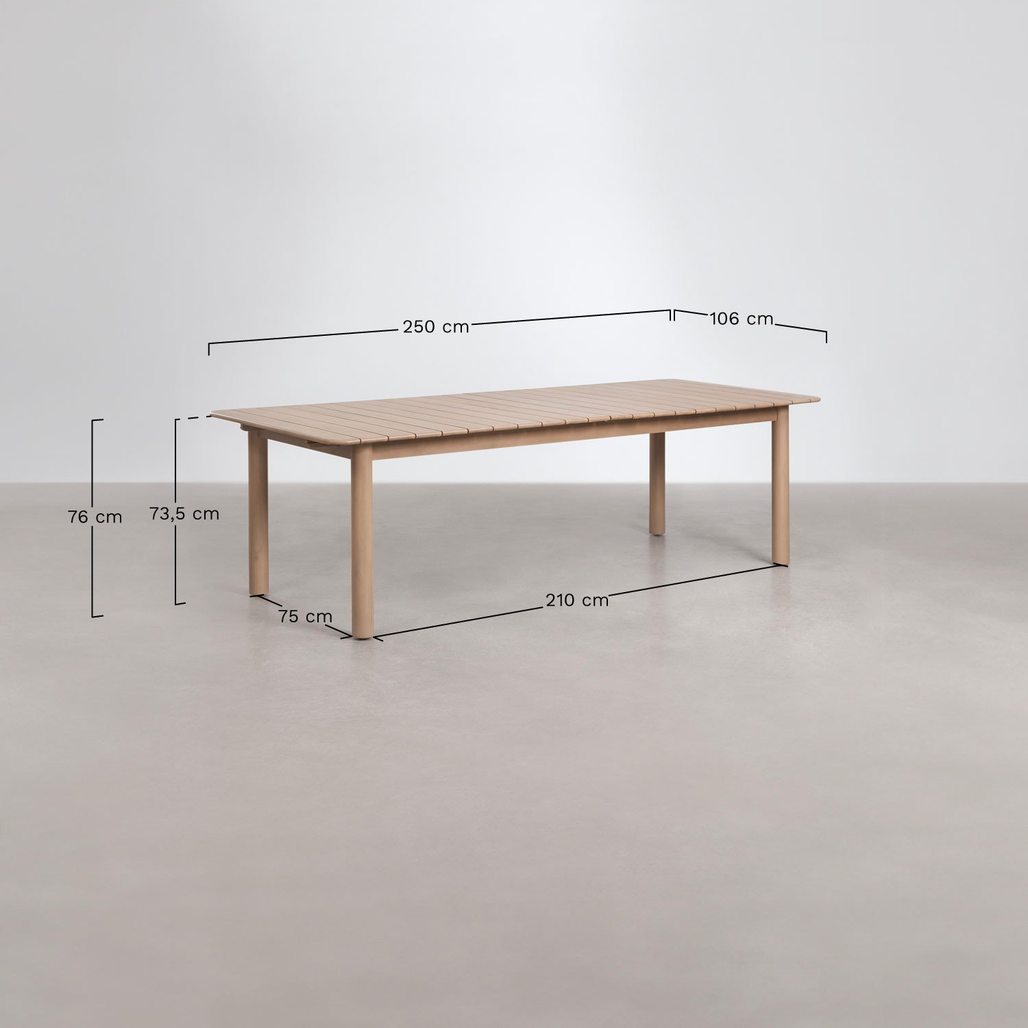 Set de mesa rectangular 250-310x105 cm extensible Duala y 14 sillas de comedor en madera de acacia Nualis, medidas