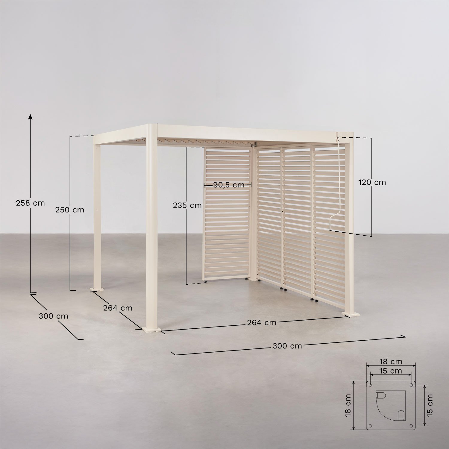 Pérgola bioclimática de lamas con paneles en aluminio Druvia, medidas