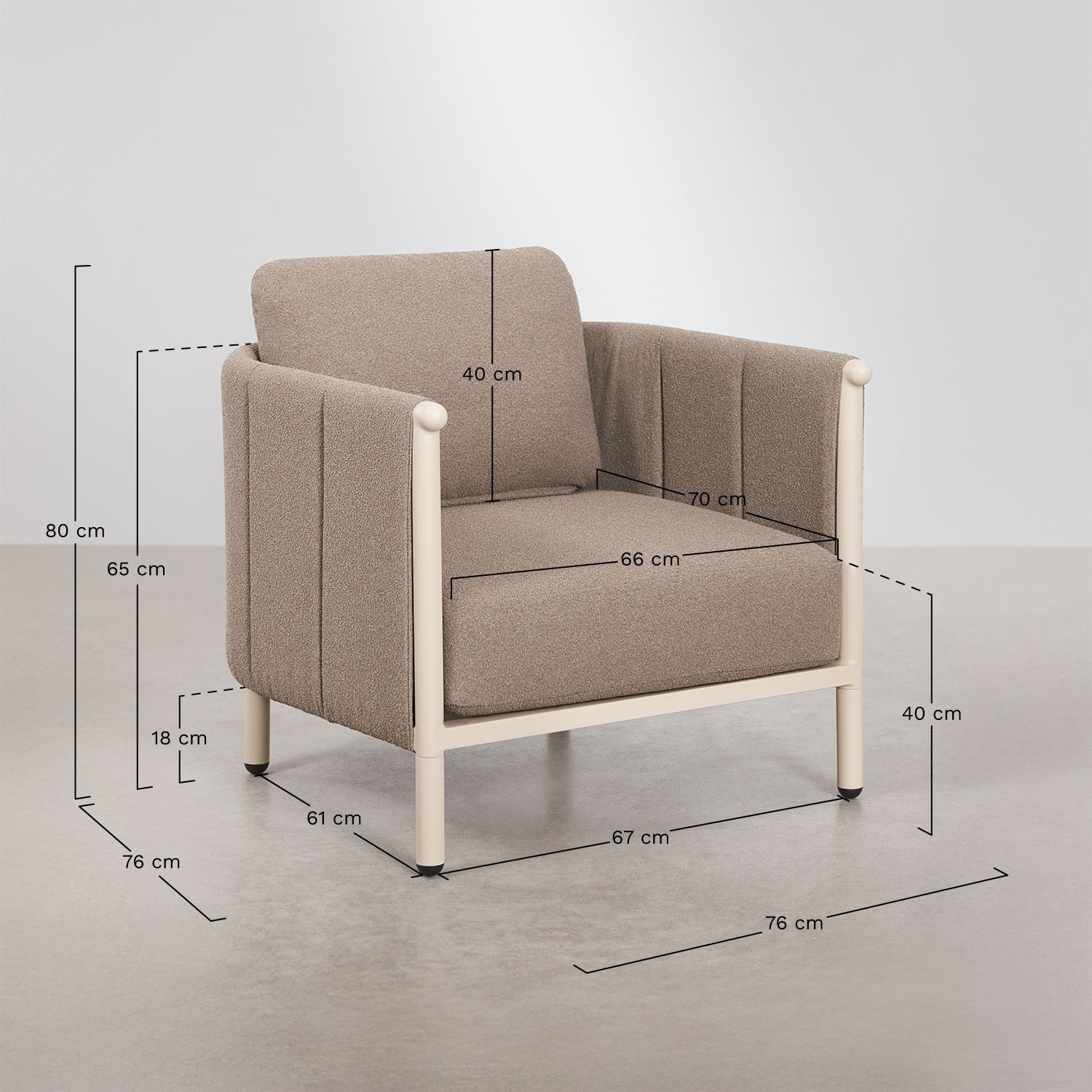 Conjunto de jardín con 2 sillones en bouclé y mesa de centro aluminio Boleni, medidas