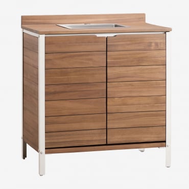 Módulo De Almacenaje Con Fregadero Para Cocina De Exterior En Madera De Acacia Y Aluminio Reggie Marrón Acacia & Sin Grifo - Sklum
