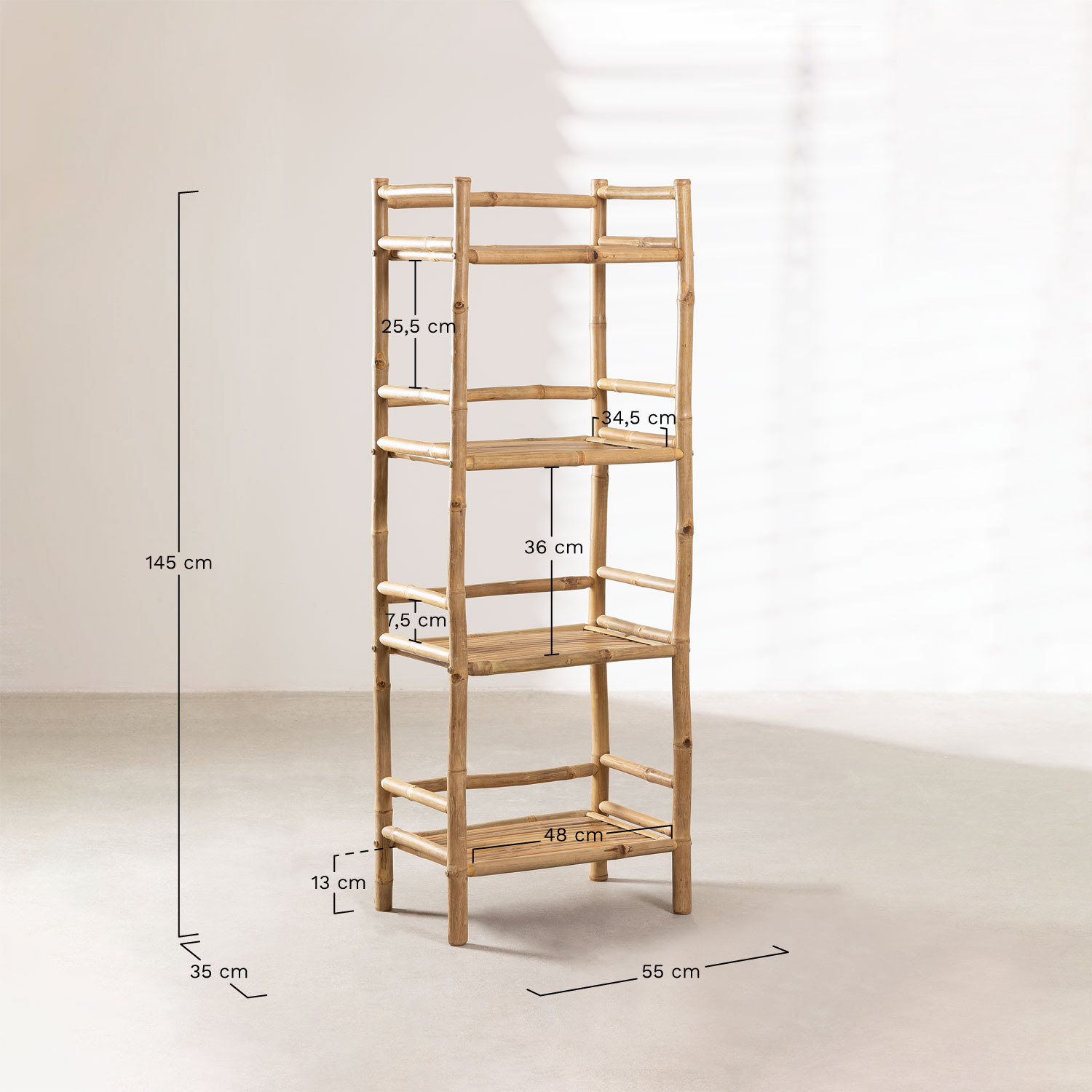 Estantería 55x145 cm en bambú Ruols, medidas