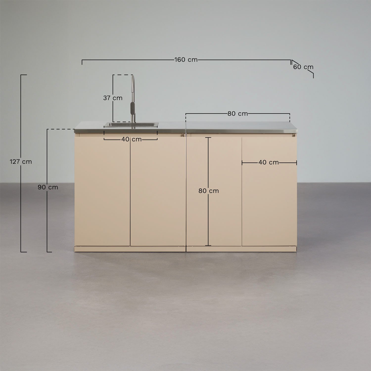 Cocina modular de exterior de 2 piezas con fregadero y almacenaje en acero Rivana, medidas