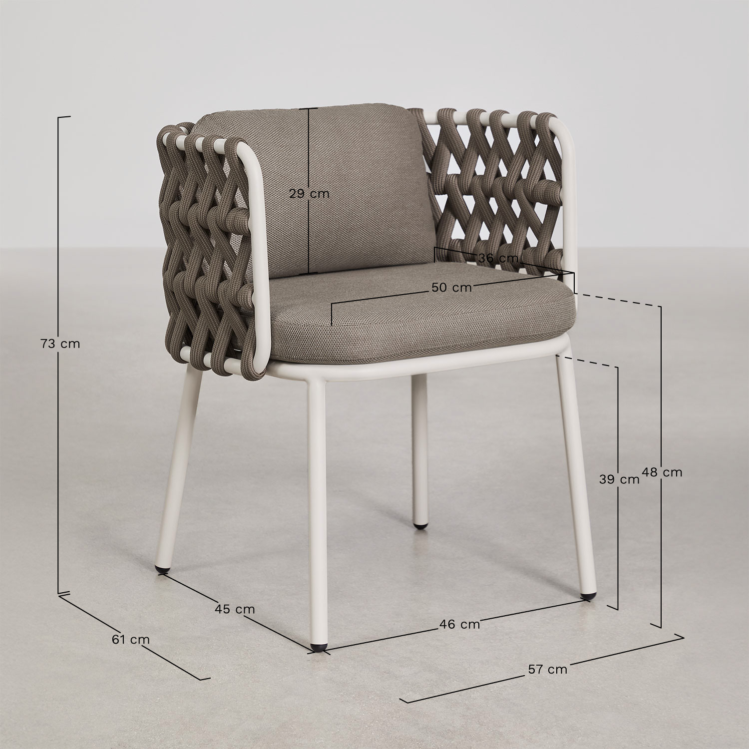 Pack de 4 sillas de jardín con reposabrazos en aluminio y cuerda trenzada Tevary, medidas