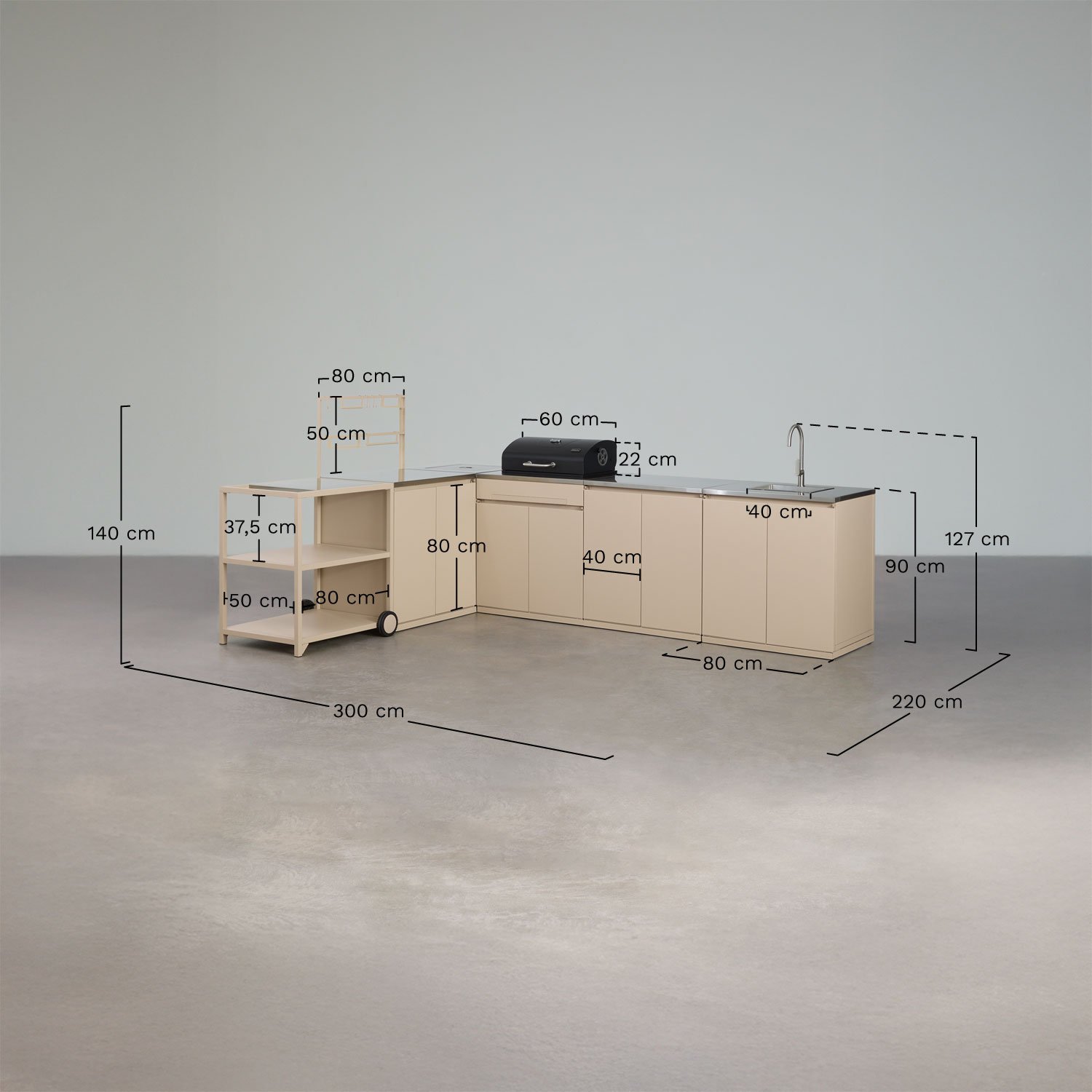 Cocina modular esquinera de exterior de 6 piezas con fregadero, almacenaje y barbacoa de carbón en acero Rivana, medidas