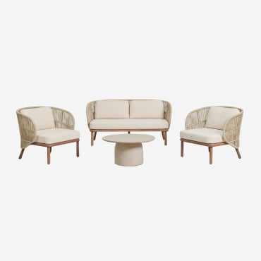 Conjunto De Salón Con Sofá De 2 Plazas, 2 Sillones Capri Y Mesa De Centro Redonda Ø75 Cm En Cemento Layana Beige Crema - Sklum