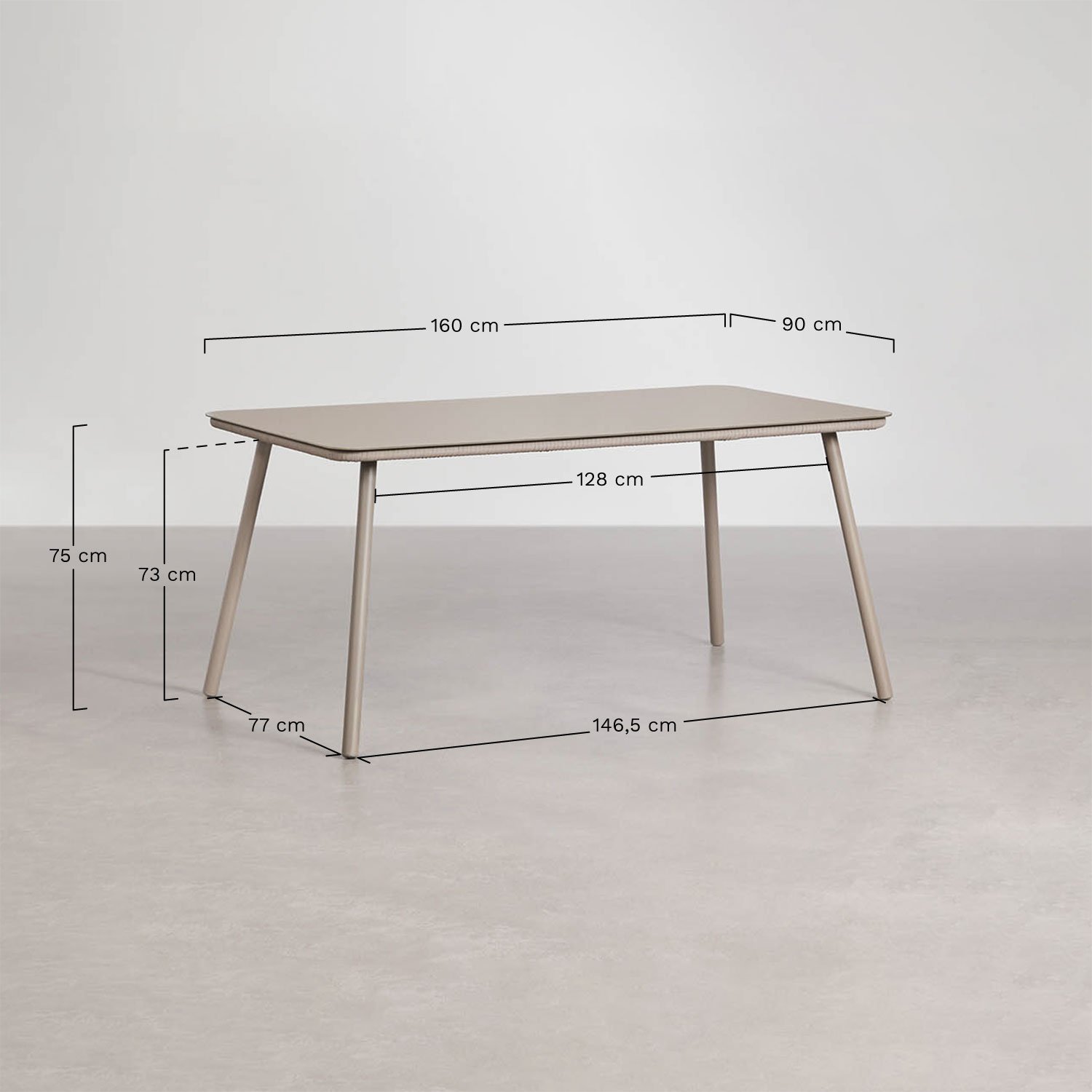 Set de mesa rectangular 160 x 90 cm y 4 sillas de comedor apilables en cuerda trenzada Arhiza, medidas