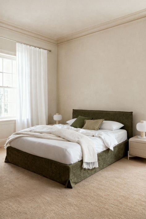 Cama para colchón 180x200cm con canapé abatible en chenilla verde salvia Lorea