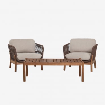 Conjunto De Jardín Con 2 Sillones En Cuerda Trenzada Y Mesa De Centro En Madera De Acacia Karvia Marrón Acacia & Tela Marrón Avellana - Sklum