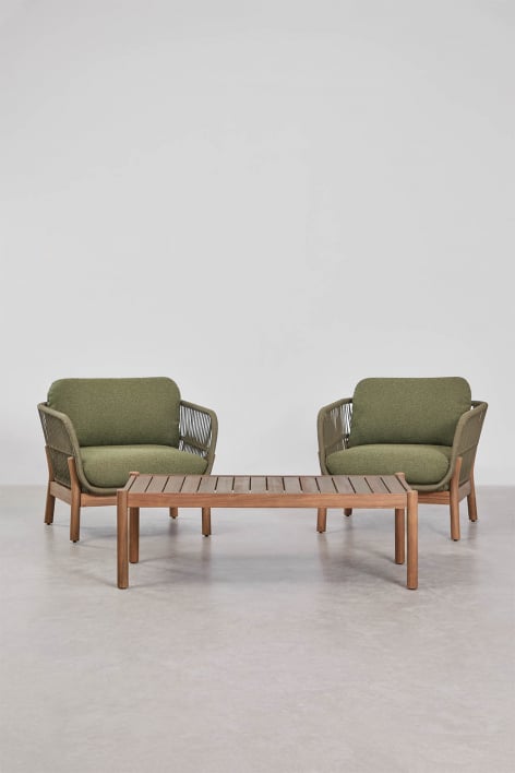 Conjunto de salón con 2 sillones en cuerda trenzada y mesa de centro en madera de acacia Karvia - Bouclé Verde Salvia