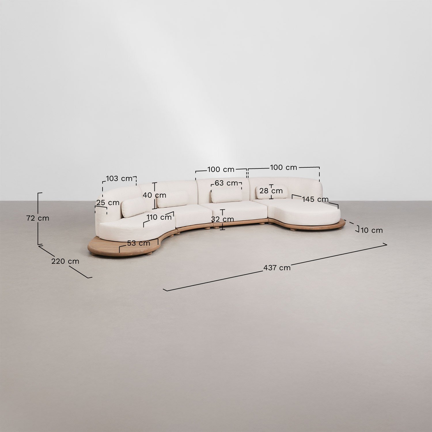 Conjunto de jardín con sofá modular chaise longue derecho de 4 piezas y 2 mesas de centro en madera de acacia Gerard, medidas