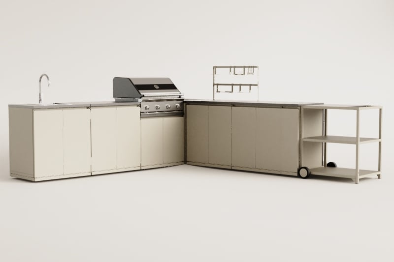 Cocina modular esquinera de exterior de 8 piezas con fregadero y barbacoa de gas con 4 quemadores en acero Rivana