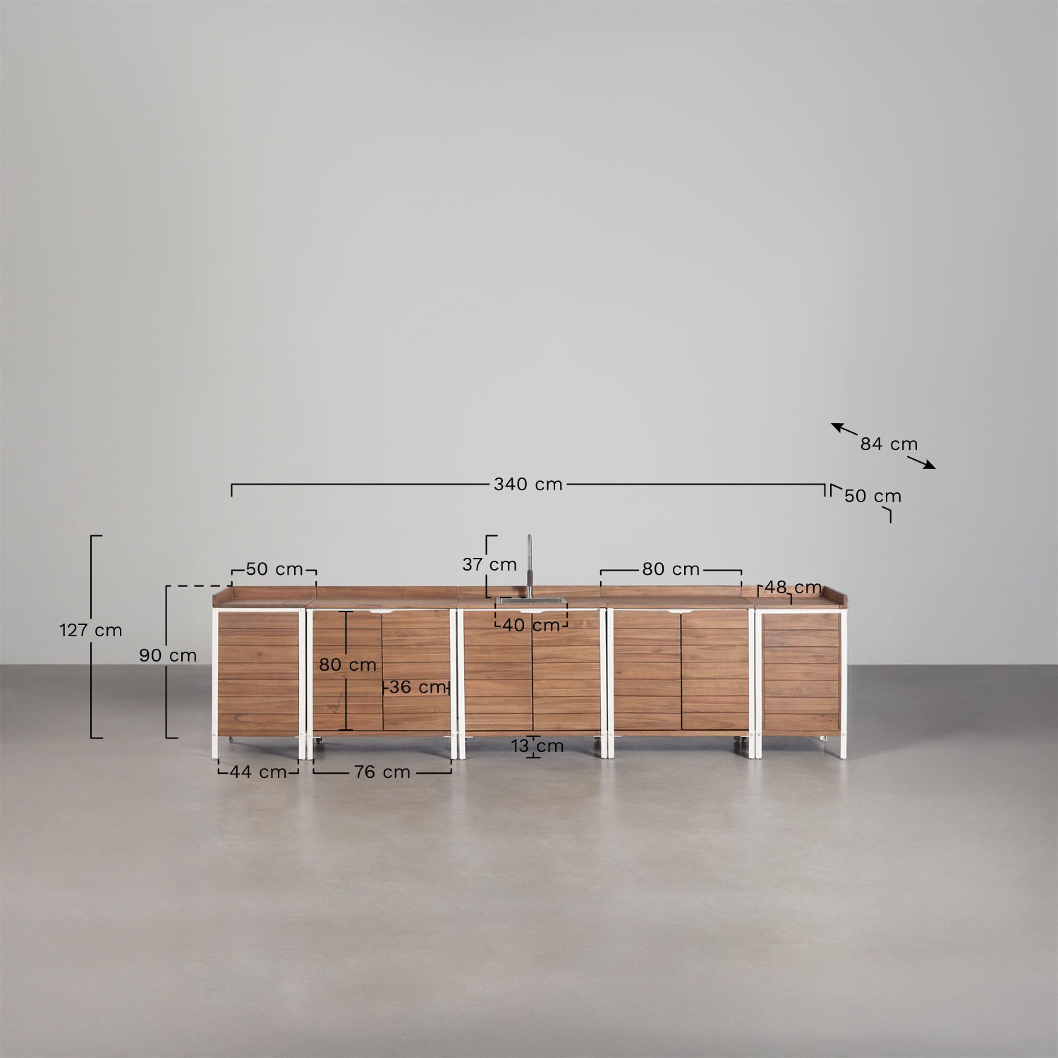 Cocina modular de exterior de 6 piezas con fregadero y almacenaje en madera de acacia Reggie, medidas