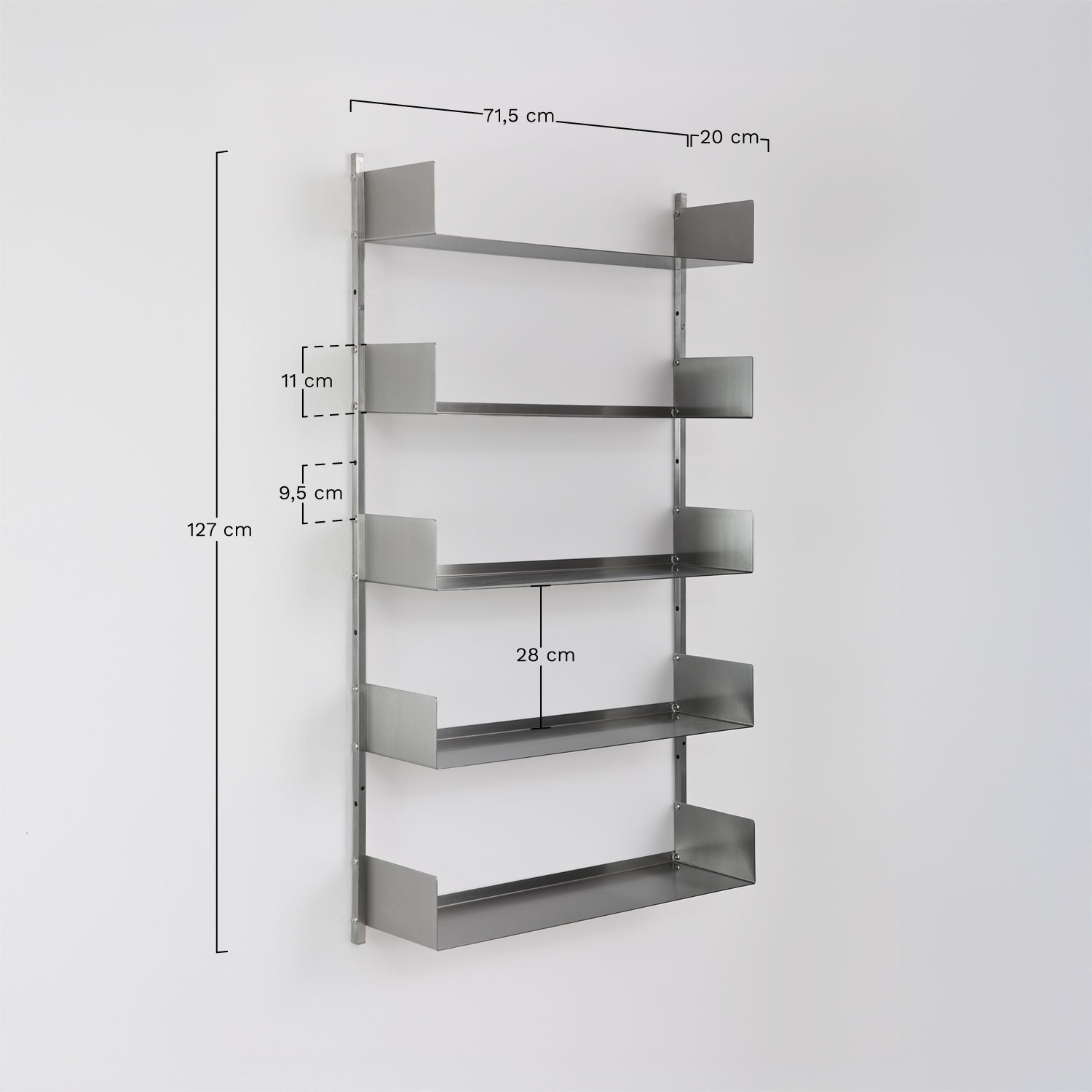Estantería de pared ↔︎70 cm en acero inoxidable Nolvia, medidas