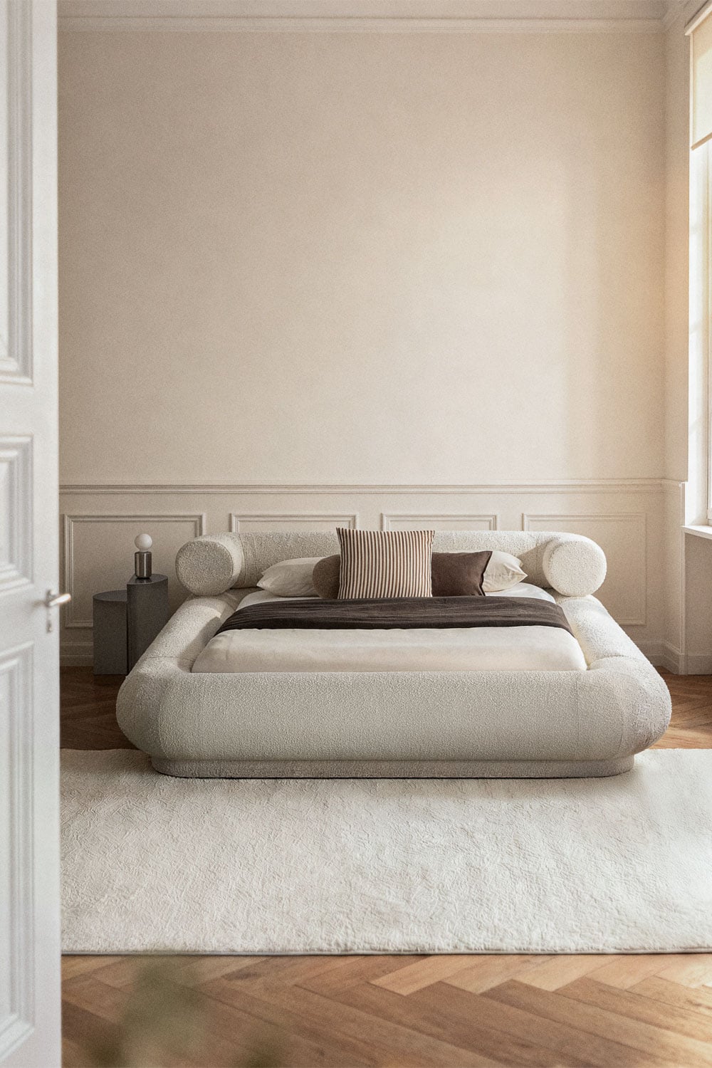 cama bouclé beige, cama matrimonio borreguito