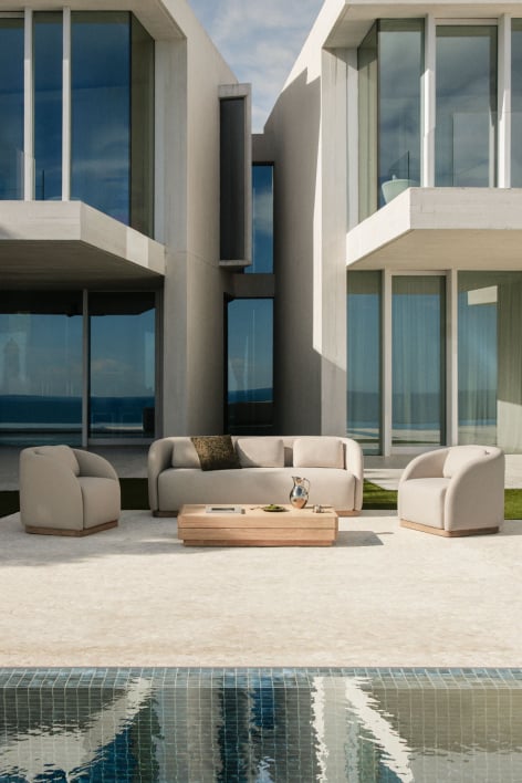 Conjunto de jardín con sofá de 3 plazas, 2 sillones y mesa de centro rectangular 130x75 cm en madera de acacia Verona