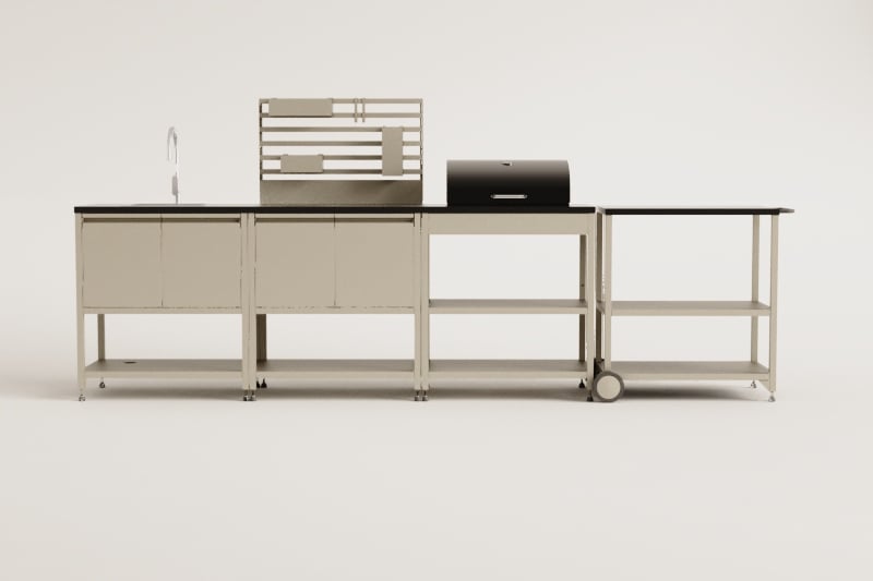 Cocina modular de exterior de 4 piezas con fregadero, panel organizador y barbacoa de carbón en acero Savona