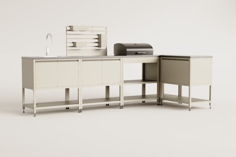 Cocina modular esquinera de exterior de 5 piezas con fregadero, panel organizador y barbacoa de carbón en acero Savona