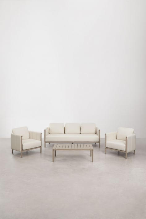 Conjunto de jardín con sofá de 3 plazas, 2 sillones en bouclé y mesa de centro en aluminio Boleni