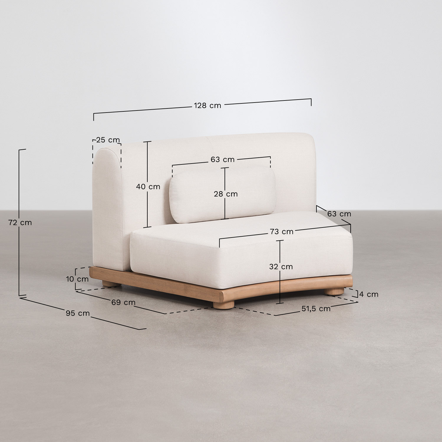 Módulo central curvo para sofá modular de jardín en madera de acacia Gerard, medidas