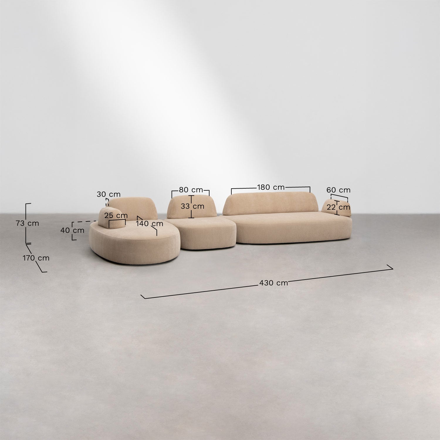 Sofá modular chaise longue izquierdo de 3 piezas con módulo esquinero tapizado Giorgia , medidas
