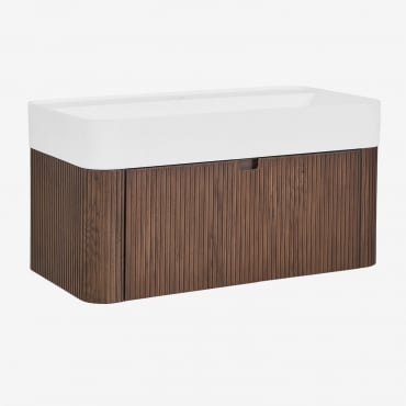 Conjunto De Mueble De Baño 80x40 Cm Suspendido En Madera Con Lavabo Integrado Saioa Madera Oscura - Sklum