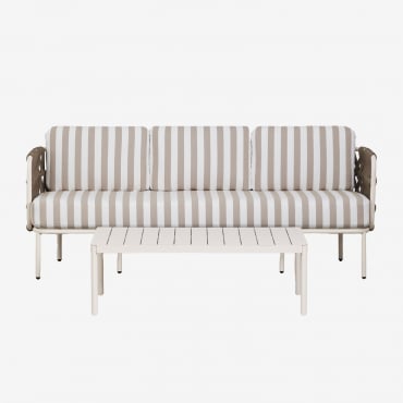 Conjunto De Jardín Con Sofá De 3 Plazas En Cuerda Trenzada Tevary Y Mesa De Centro En Aluminio Boleni Tela Marrón Moka - Blanco Gardenia - Sklum