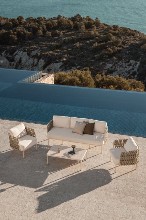 Conjunto de jardín con sofá de 3 plazas, 2 sillones en cuarda trenzada Tevary y mesa de centro en aluminio Boleni