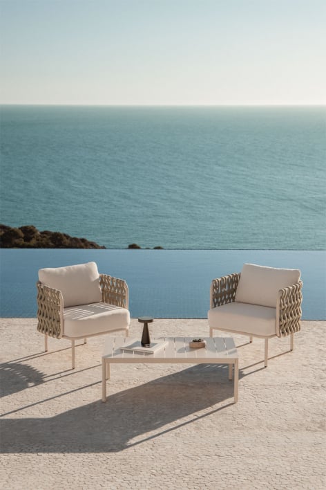 Conjunto de jardín con 2 sillones en cuerda trenzada Tevary y mesa de centro en aluminio Boleni