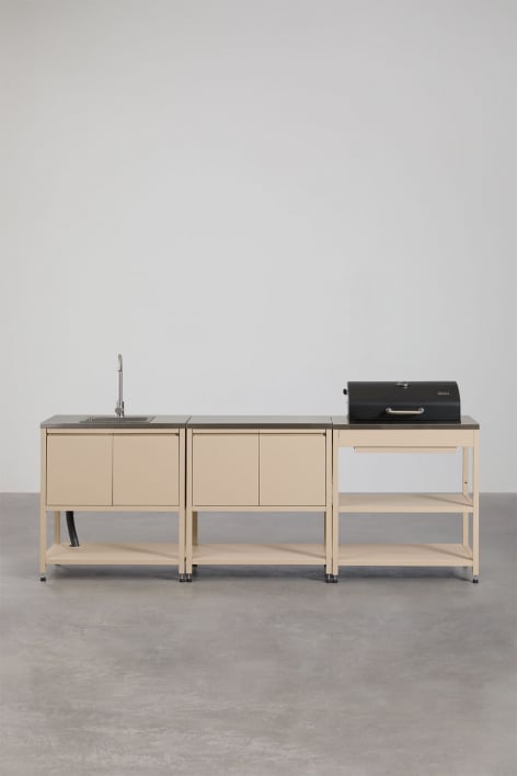Cocina modular de exterior de 3 piezas con fregadero, almacenaje y barbacoa de carbón en acero Savona