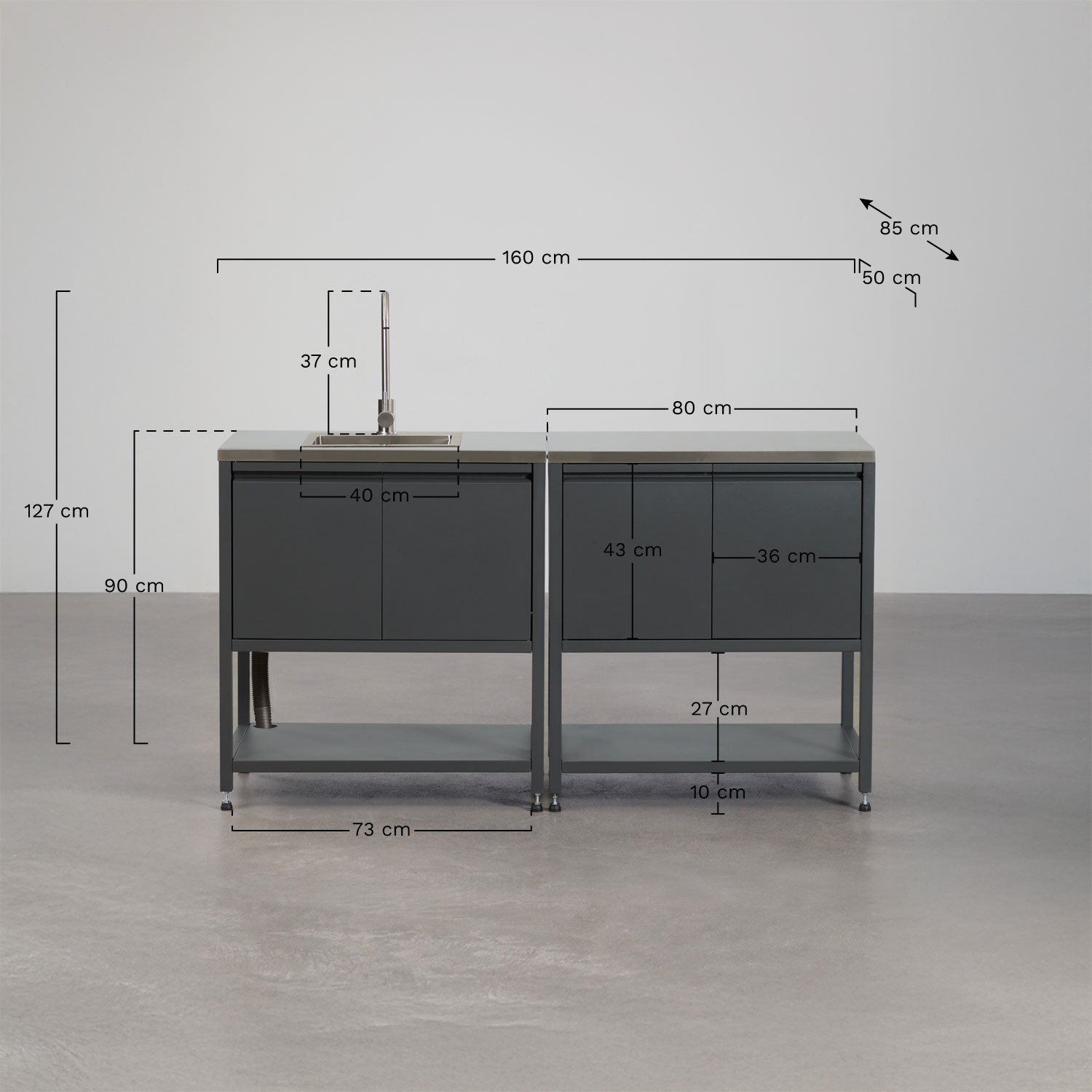 Cocina modular de exterior de 2 piezas con fregadero y almacenaje en acero Savona, medidas
