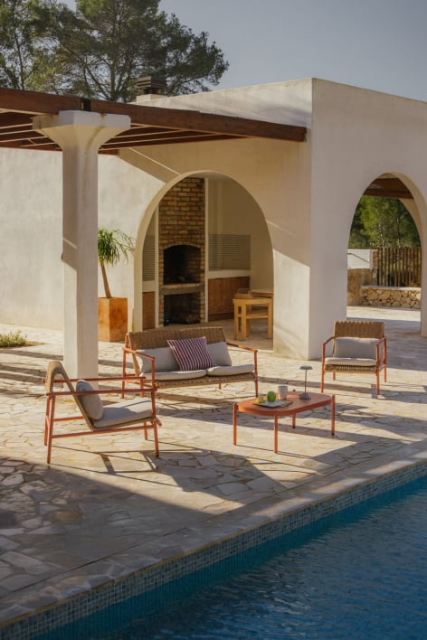 Conjunto de jardín con sofá de 2 plazas, 2 sillones y mesa de centro en aluminio y ratán sintético Duroli