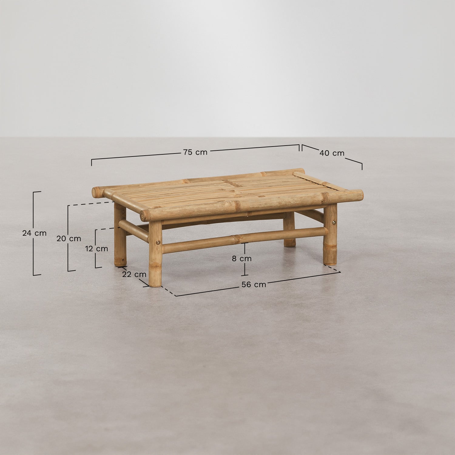 Mesa auxiliar para jardín rectangular 75x40 cm en bambú Isendra, medidas