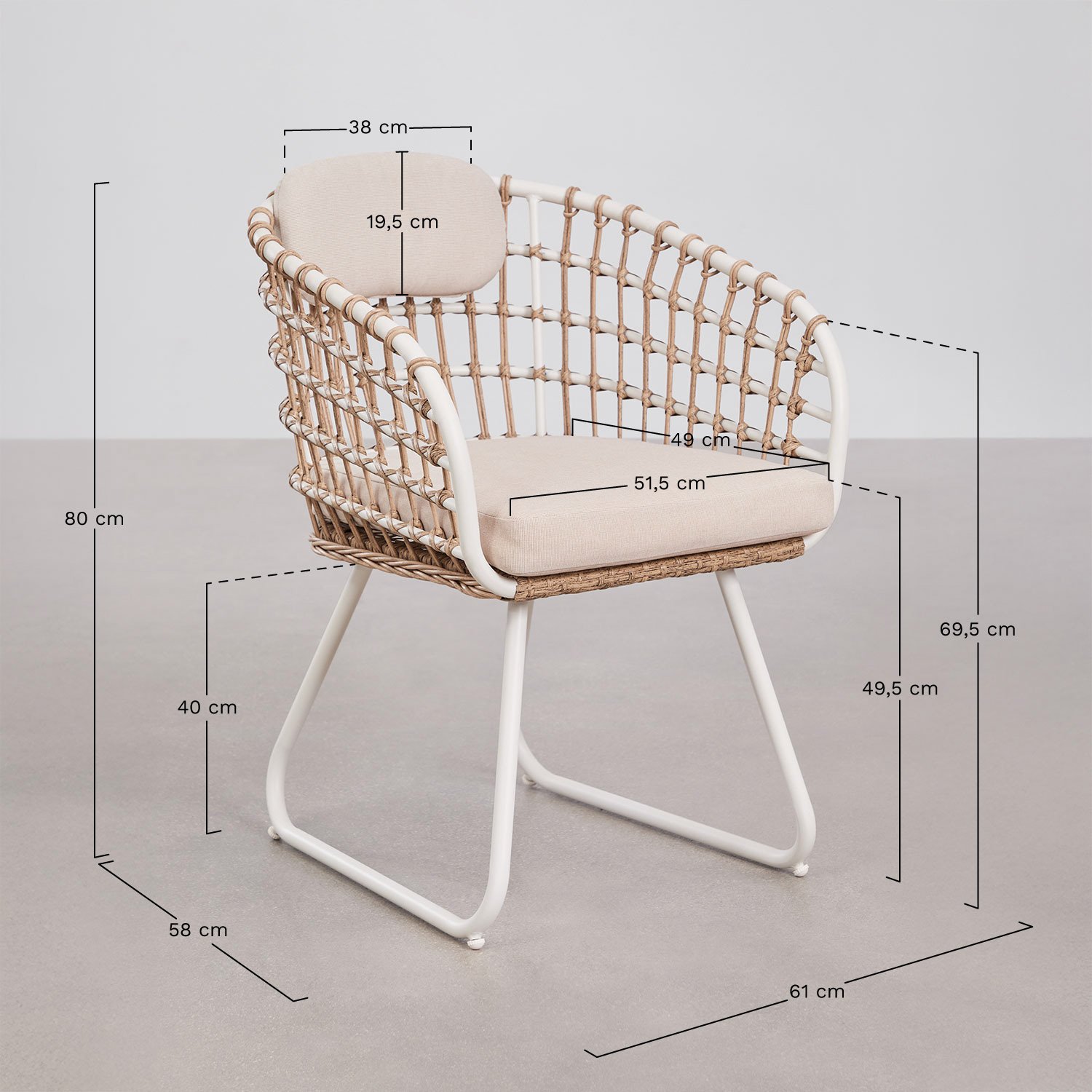 Pack de 4 sillas de jardín con reposabrazos en aluminio y mimbre sintético Isaran , medidas