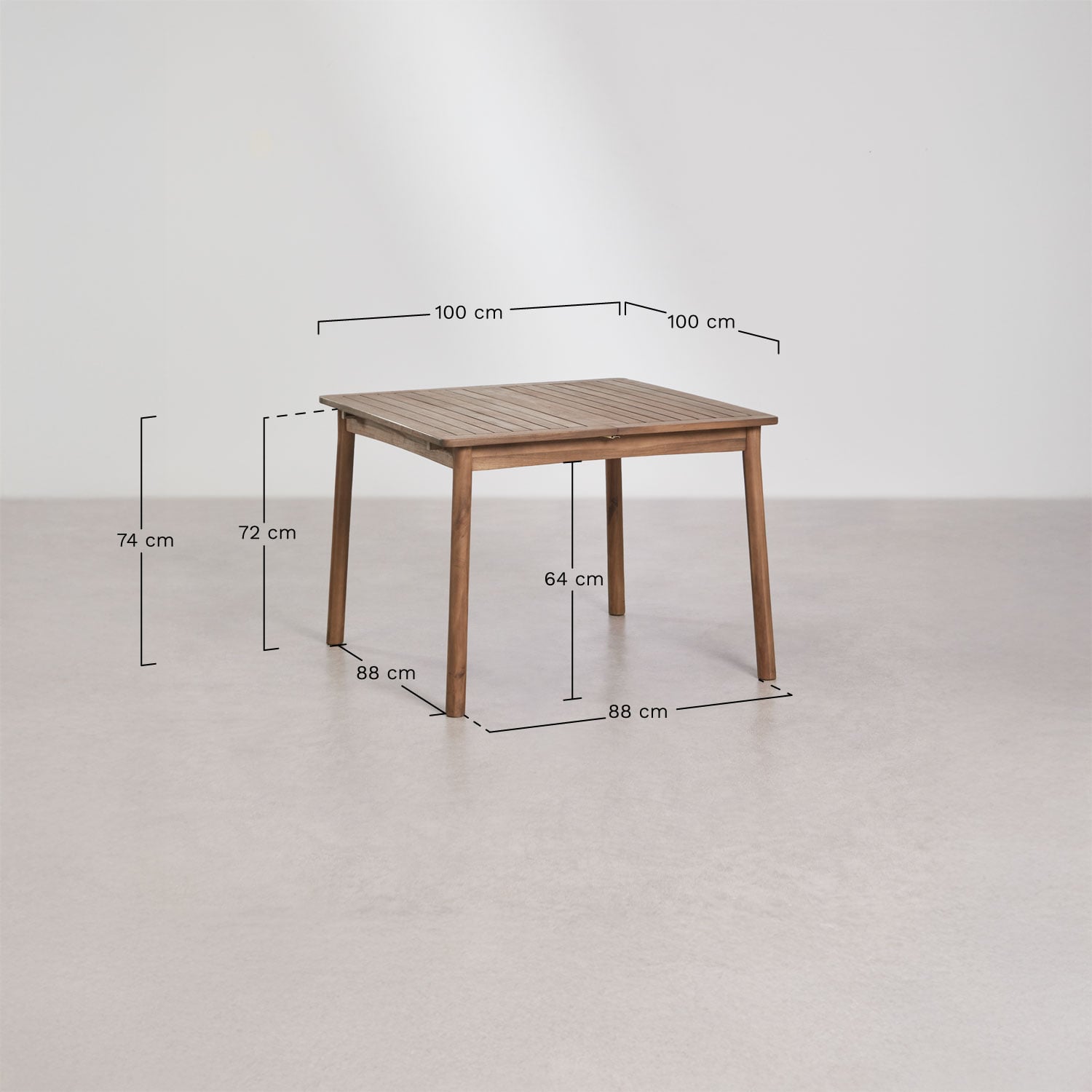 Set de mesa 100-160x100 cm extensible Karvia y 4 sillas de comedor en madera de acacia y cuerda trenzada Capri, medidas