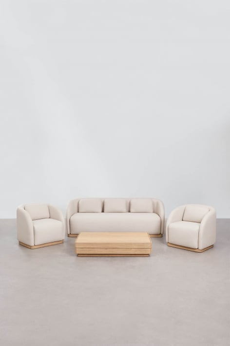 Conjunto de salón con sofá de 3 plazas, 2 sillones y mesa de centro rectangular 130x75 cm en madera de acacia Verona