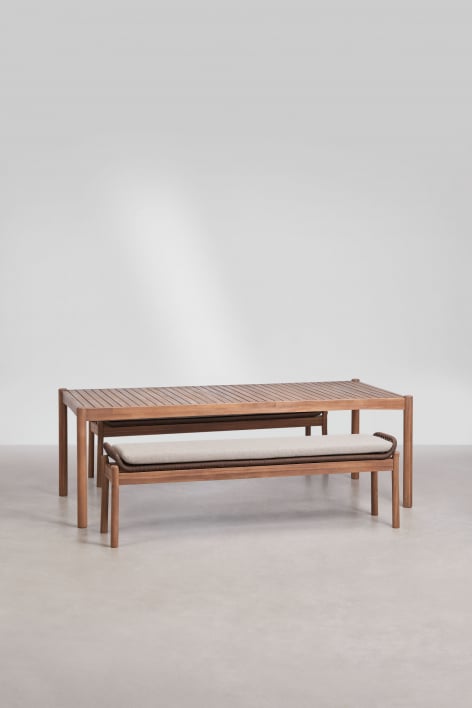 Set de mesa rectangular 180x90 cm y 2 bancos de comedor en madera de acacia y cuerda trenzada Karvia