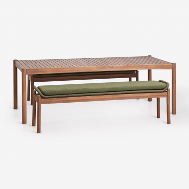 Set De Mesa Rectangular 180x90 Cm Y 2 Bancos De Comedor En Madera De Acacia Y Cuerda Trenzada Karvia Marrón Acacia & Bouclé Verde Salvia - Sklum