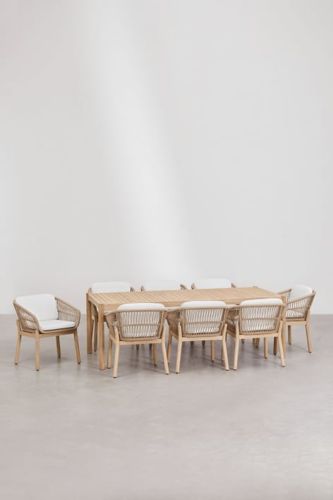 Set de mesa rectangular 220x100 cm y 8 sillas de comedor en madera de acacia y cuerda trenzada Karvia - Tela Blanco