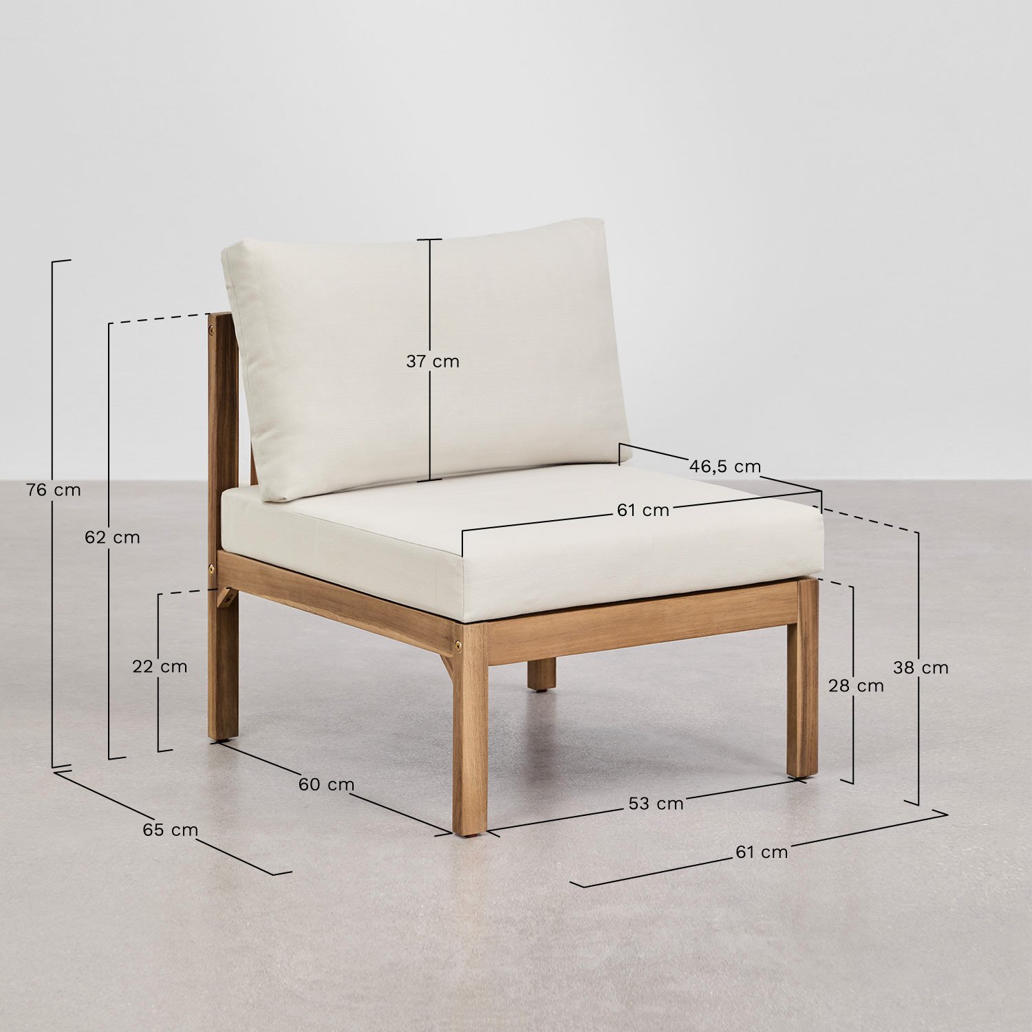 Módulo central para sofá modular en madera de acacia Branson, medidas