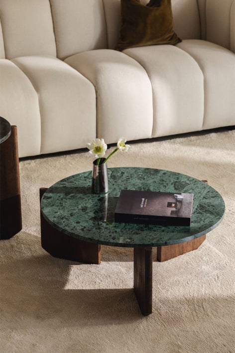 Mesa de centro redonda en piedra natural y madera de mango Lavinia - Mármol Verde Udaipur