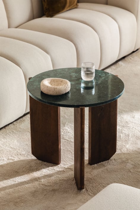 Mesa de centro redonda en piedra natural y madera de mango Lavinia - Mármol Verde Udaipur