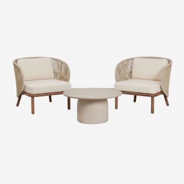 Conjunto De Jardín Con 2 Sillones En Cuerda Trenzada Capri Y Mesa De Centro Redonda Ø75 Cm En Cemento Layana Beige Crema - Sklum