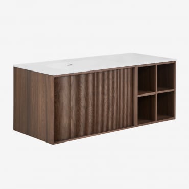 Conjunto De Mueble De Baño 120x50 Cm Suspendido En Madera Con Lavabo Integrado Endika Madera Oscura - Sklum