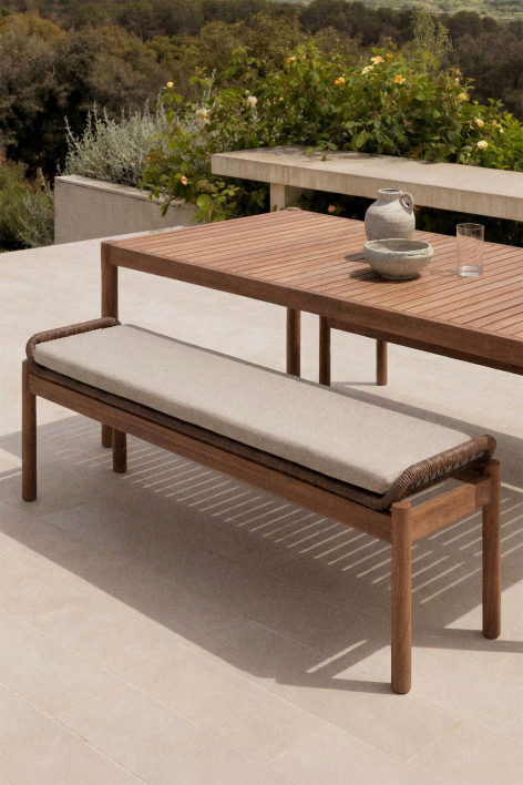 Banco de jardín 180 cm en madera de acacia y cuerda trenzada en tela marrón avellana Karvia - Tela Marrón Avellana