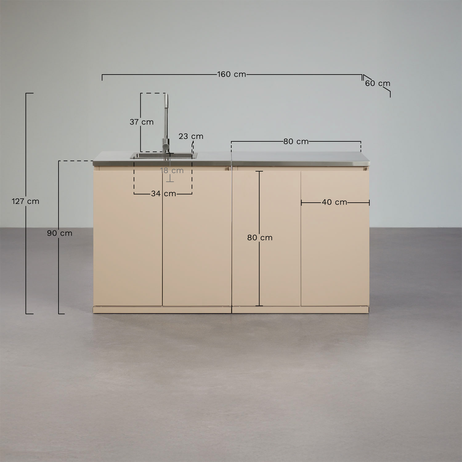 Cocina modular de exterior de 2 piezas con fregadero y almacenaje en acero Rivana, medidas