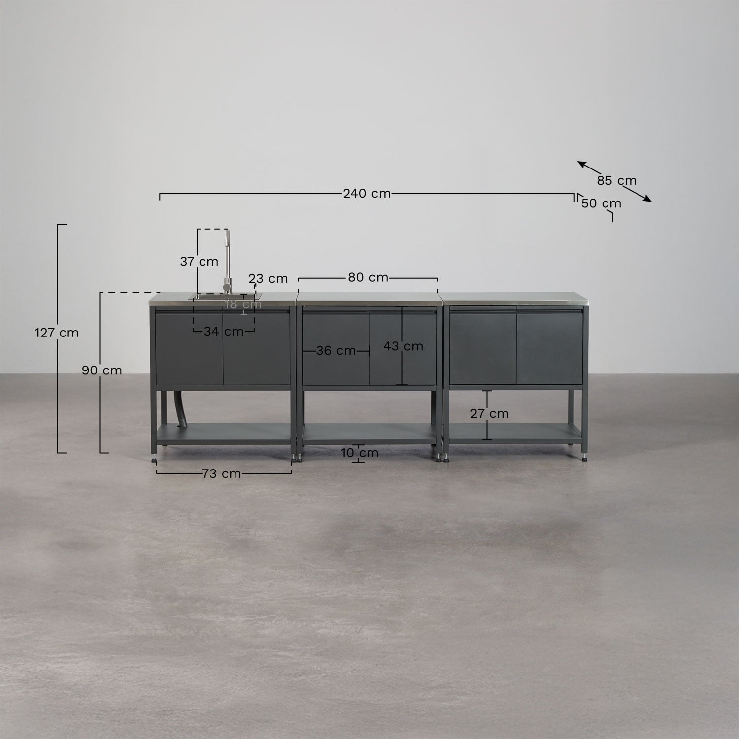 Cocina modular de exterior de 3 piezas con fregadero y almacenaje en acero Savona, medidas