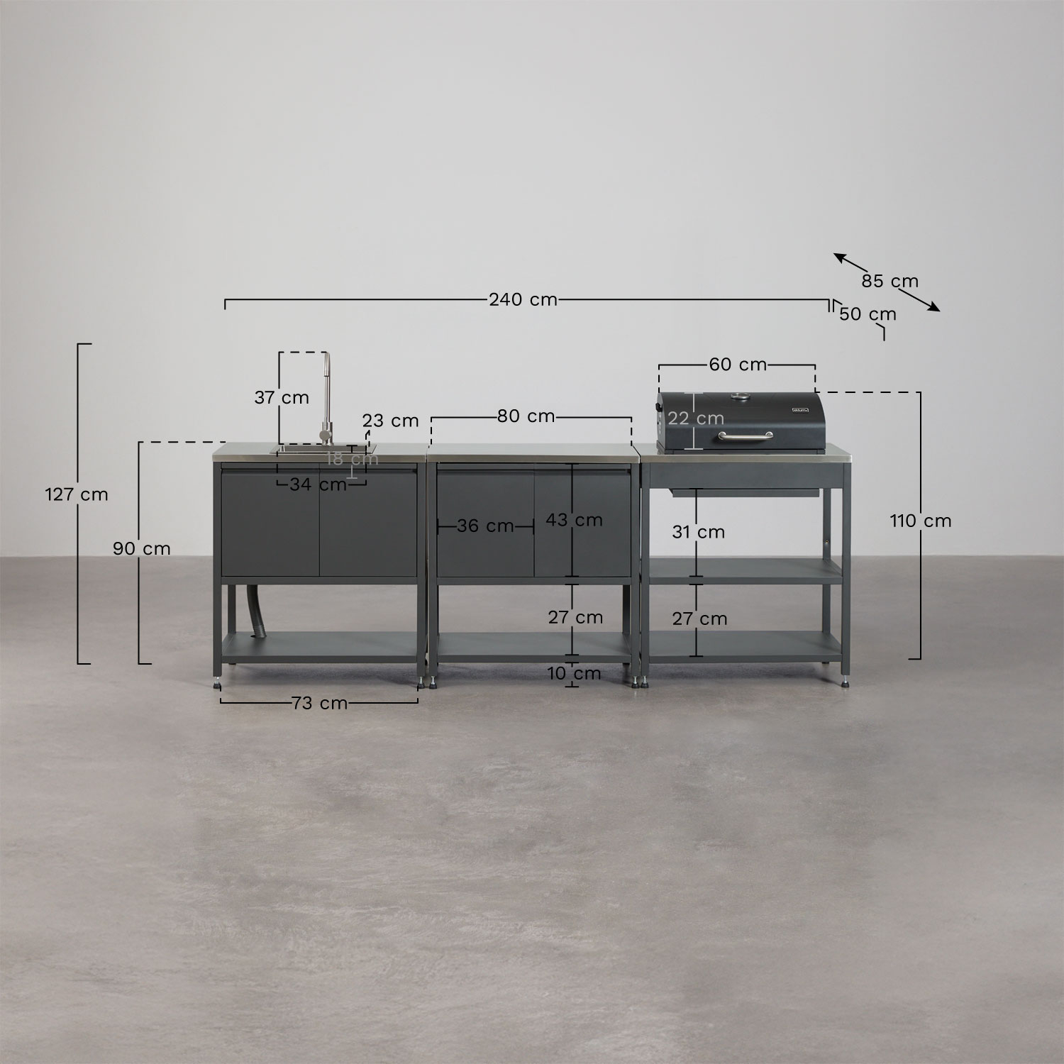 Cocina modular de exterior de 3 piezas con fregadero, almacenaje y barbacoa de carbón en acero Savona, medidas