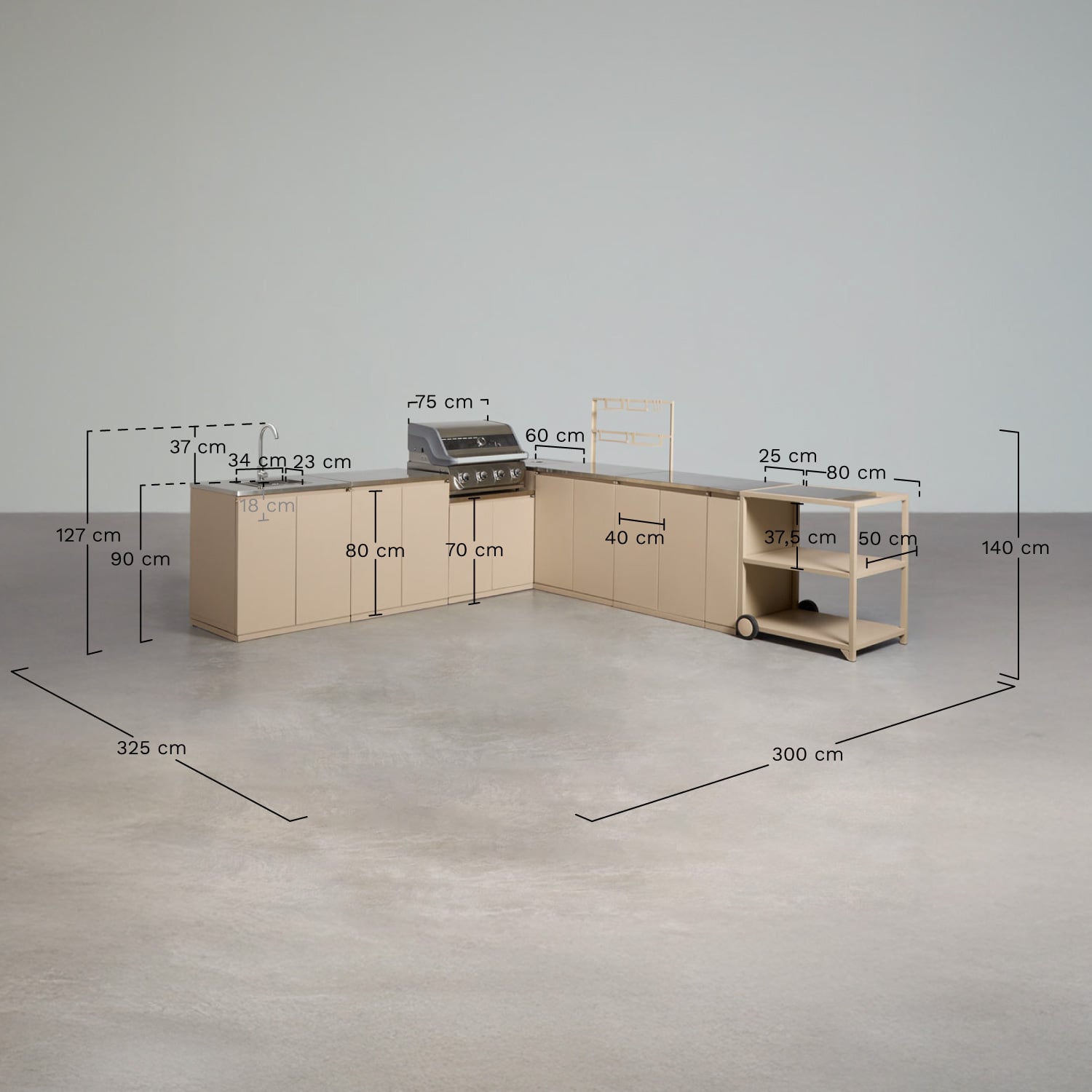 Cocina modular esquinera de exterior de 8 piezas con fregadero y barbacoa de gas con 4 quemadores en acero Rivana, medidas