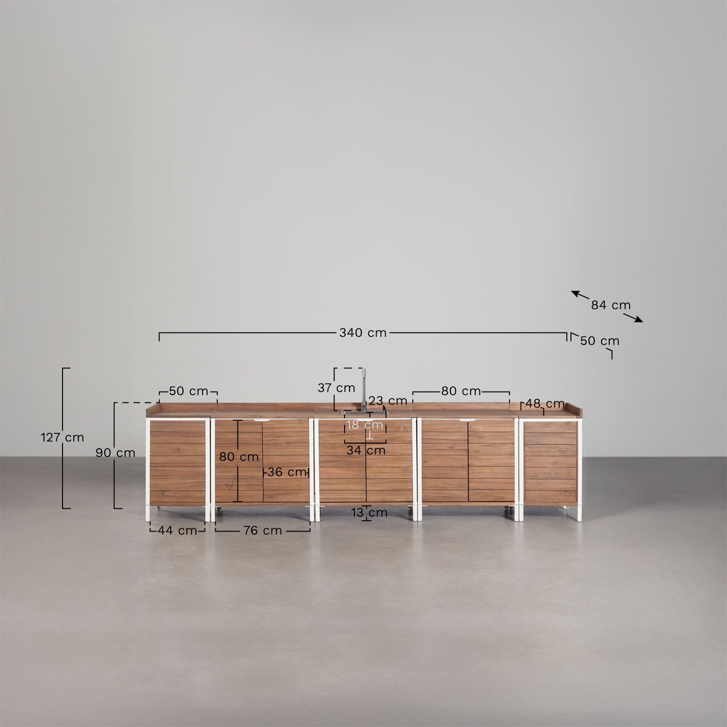 Cocina modular de exterior de 6 piezas con fregadero y almacenaje en madera de acacia Reggie, medidas