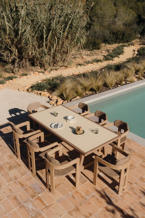 Set de mesa rectangular 200x100 cm Dubai y 8 sillas de jardín en madera de acacia y ratán sintético Ginara